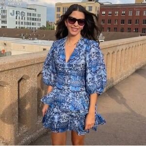 Sandro Eyana Yana Floral Tiered Mini Dress Womens Blue Size 36 / Small